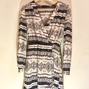 Long-Sleeve V-Neck Tribal Pattern Wrap Dress